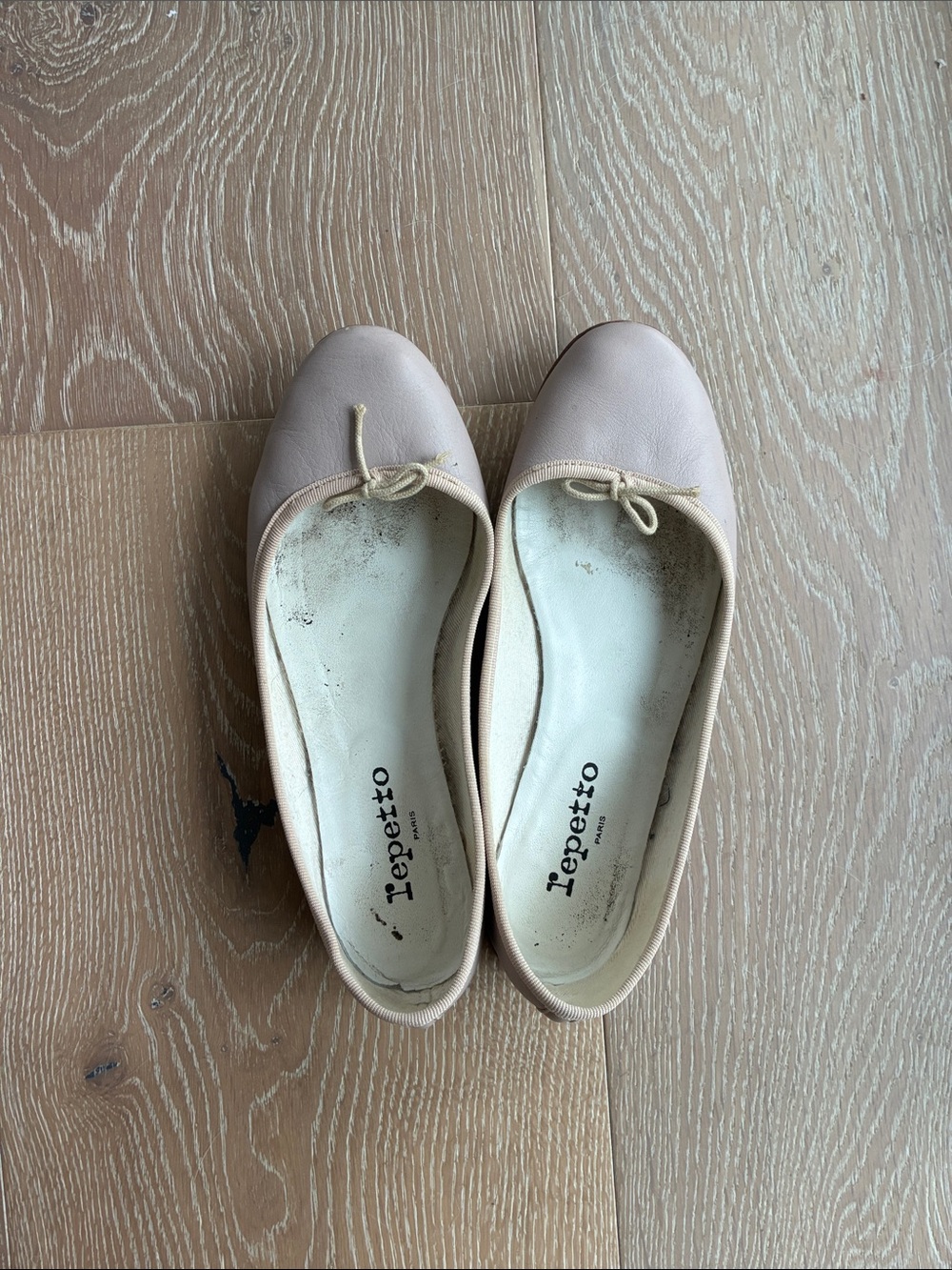 Repetto Pale Pink Leather Ballet Flats with Bow Trim